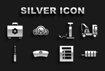 Sticker - Set Windshield, Tow truck, Car muffler, inspection, Screwdriver, air pump, Toolbox and Speedometer icon. Vector