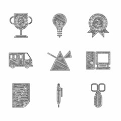 Canvas Print - Set Light rays in prism, Pen, Scissors, Computer monitor, Exam paper with incorrect answers, School Bus, Medal and Award cup icon. Vector