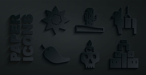 Wall Mural - Set Burning candle on a skull, Pinata, Hot chili pepper pod, Chichen Itza Mayan, Cactus and Sun icon. Vector