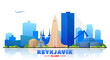 Reykjavik Iceland skyline with panorama in white background. Vector Illustration. Business travel and tourism concept with modern buildings. Image for banner or website.