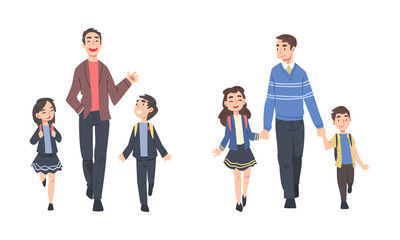 Wall Mural - Father Walking Their Kids to School Holding Hands Vector Set