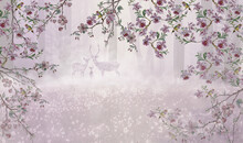 Misty Pink Forest Deer In A Clearing With Flowers Cherry Blossom