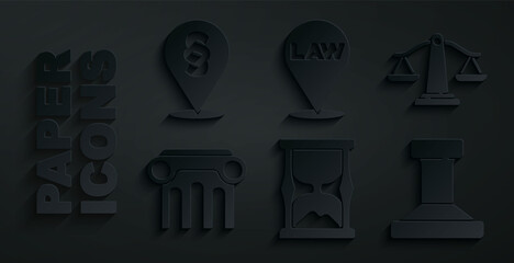 Sticker - Set Old hourglass, Scales of justice, Law pillar, Stamp, Location law and icon. Vector