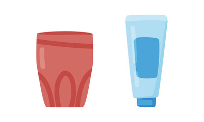 Poster - Plastic Cream or Lotion Tube for Face and Body Skin Care and Toothbrush Holder Vector Set