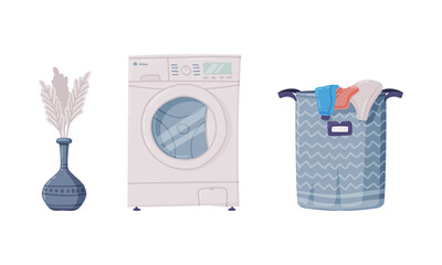 Wall Mural - Washing Machine and Laundry Basket as Household Appliance for Laundry Vector Set