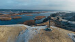 Aerial view of the Boryspil Islands near flooded village of Gusintsy, Rzhishchev, Ukraine. Winter time