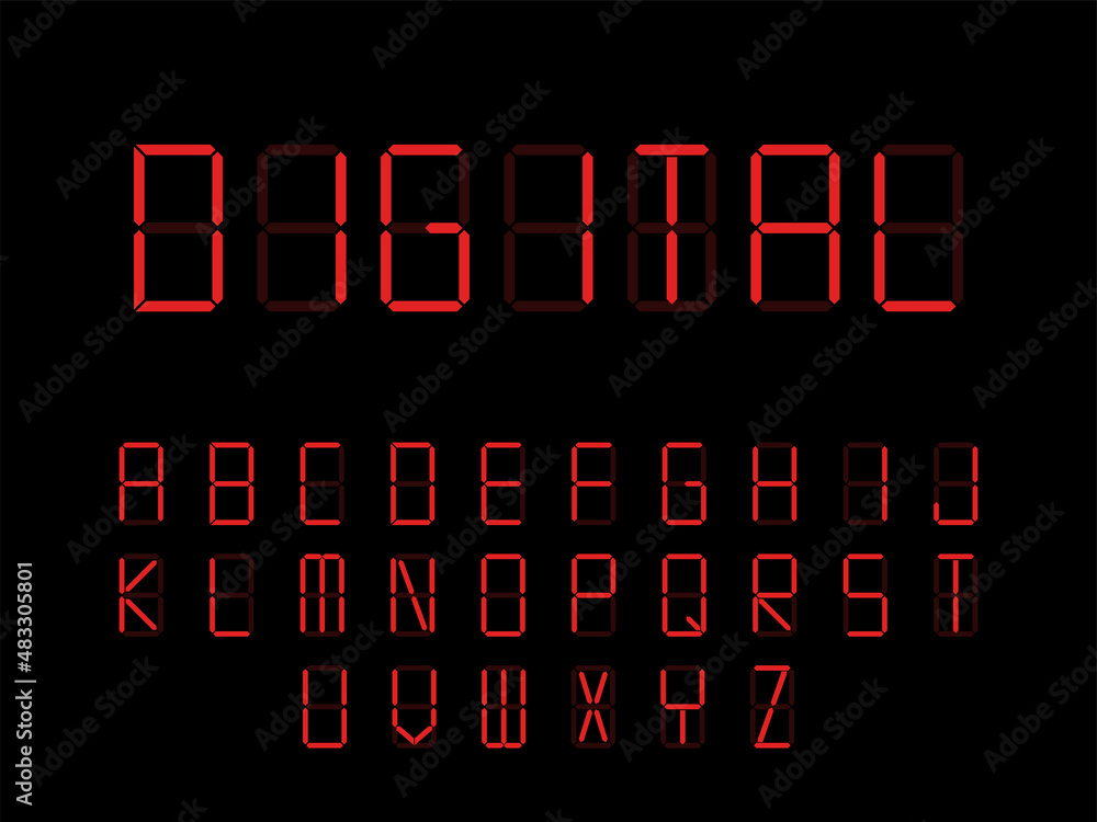 Digitlal font. Alarm alphabet, electronic letters. Monitor and ...