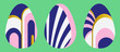 Luxurious Easter Eggs in Art Deco style. Set of 3 Easter Eggs with pattern. Abstract objects for design for Stickers, holiday cards, decor, posters, invitations. Easter collection with flat design.