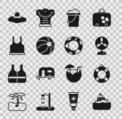 Sticker - Set Cruise ship, Lifebuoy, Electric fan, Sand in bucket, Beach ball, Sleeveless T-shirt, Elegant women hat and Rubber swimming ring icon. Vector