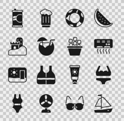 Wall Mural - Set Yacht sailboat, Swimsuit, Air conditioner, Rubber swimming ring, Coconut cocktail, Sand castle, Soda can and Ice bucket icon. Vector