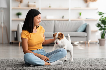 Wall Mural - Pretty asian woman enjoying time with puppy at home