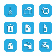 Sticker - Set Bottle for cleaning agent, Water tap, Dishwashing liquid bottle, Trash can, Washing dishes and Handle broom icon. Vector