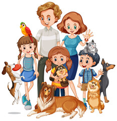 Sticker - Happy family with their pets in cartoon style