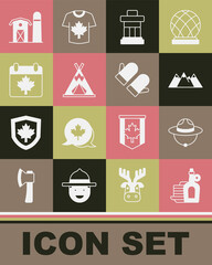 Sticker - Set Syrup with pancakes, Canadian ranger hat, Mountains, Inukshuk, Indian teepee or wigwam, Canada day maple leaf, Farm house and Christmas mitten icon. Vector