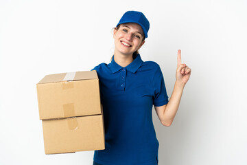 Sticker - Young delivery woman isolated on white background showing and lifting a finger in sign of the best