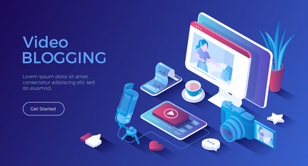Wall Mural - Video blogging. Making video content for blog or vlog in social networks. Video streaming in social media. Isometric landing page. Vector web banner.