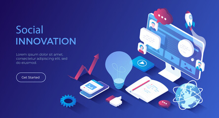 Wall Mural - social innovation, idea, strategy, technology, innovative approaches. isometric landing page. vector