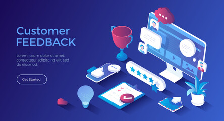 Customer feedback. Five star feedback, site rating, high-ranking concept. Different reviews and comments from clients on the monitor screen. Isometric landing page. Vector web banner.