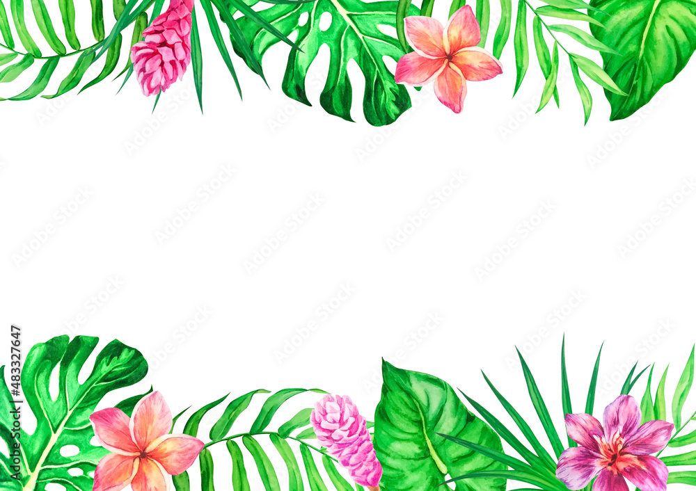 Watercolor frame with tropical leaves and flowers Stock Illustration ...