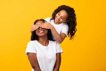 Wall Mural - African American daughter covering her mother's eyes at studio