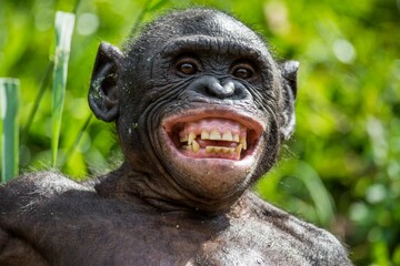Wall Mural - at a short distance close up portrait of bonobo with smile. the bonobo ( pan paniscus),