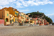 a view of the colorful houses and the beach of the village of Varigotti, in the province of Savona.