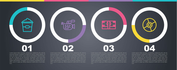 Sticker - Set line Popcorn in box, Cinema camera, Stacks paper money cash and CD DVD disk. Business infographic template. Vector