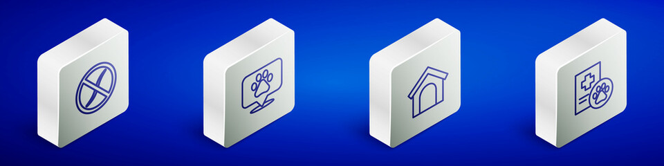 Sticker - Set Isometric line Anti worms parasite, Location veterinary, Dog house and Clinical record pet icon. Vector