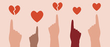 Finger Pointing To Heart, Flat Vector Stock Illustration Isolated With People With Broken Heart Or In Love, Single Or In Relationship