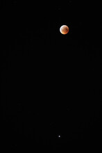 Red Bloody Moon On Black Sky As Background, Full Moon And Stars. Full Moon In The Night