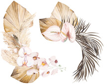 Two Watercolor Bohemian Bouquets With Dried Leaves And Tropical Flowers Illustration