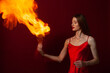 © Roman Kornev - A young woman with long brown hair, in a red dress on a red background with fire