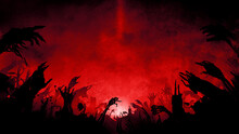 Black Silhouettes Of Sinister Undead Hands Rising From The Ground, Bony And Fleshy, Whole And Broken, They Reach For The Sky. On A Blood-red Dark Background With Fog And Sunrise On The Horizon. 2d Art