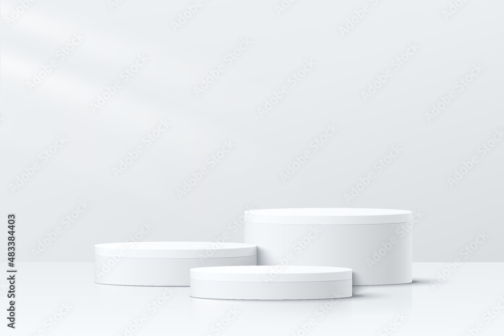 Abstract white and gray 3D room with set of realistic white cylinder ...