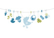 Karte Gebogene Leine Babysymbole Junge Retroblau Olivgrün