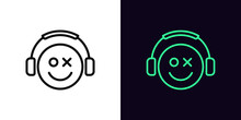 Outline Gamer Icon, With Editable Stroke. Emoticon Gamer Sign With Headphones, Esports Geek Logo