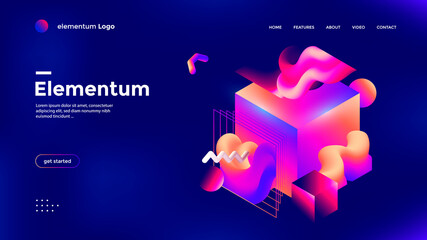 Wall Mural - Colorful 3d geometric compositions with gradient abstract shape and cube. Innovation modern background design for cover, landing page. Vector graphic