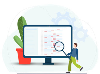 Program development person with mignifire looking at the programm on the computer screen. Web or software developers, programmer and coding engineer work concept, flat vector illustration