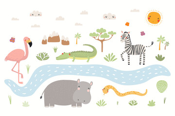 Cute tropical animals, flamingo, crocodile, zebra, hippo, snake, African landscape, isolated. Hand drawn vector illustration. Scandinavian style flat design. Concept kids fashion print, poster card