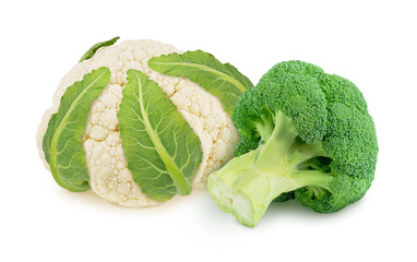 Wall Mural - Composition with fresh whole cauliflower with broccoli isolated on a white background.