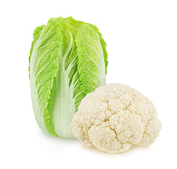 Wall Mural - Composition with fresh whole cauliflower with Chinese cabbage isolated on a white background.