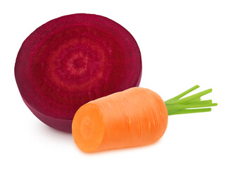 Canvas Print - Vegetable composition: halved red beet and carrot isolated on a white background.