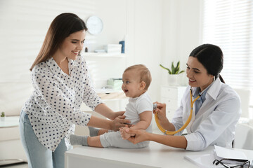 Poster - Mother with her cute baby visiting pediatrician in clinic