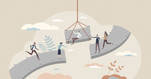 Bridging The Gap And Overcome Obstacles With Teamwork Tiny Person Concept. Find Problem Solution With Missing Peace With Communication And Working Together Vector Illustration. Agreement And Deal Link
