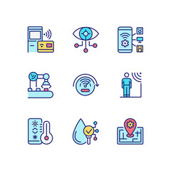 Sticker - Innovative technology pixel perfect RGB color icons set. Wireless access. Device control. Internet of Things. Isolated vector illustrations. Simple filled line drawings collection. Editable stroke