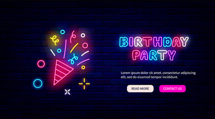 Birthday party neon greeting card. Flapper with confetti and streamers. Website template. Vector illustration