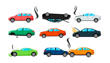 Broken Cars After Road Traffic Accident Cartoon Illustration Set. Auto, Automobile With Broken Motor And Engine Without Wheel After Crush Or Collision In Need Of Repair. Damage, Vehicle, Fire Concept