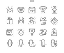 Feminine Hygiene. Menstruation Calendar. Sanitary Pad And Tampon. Menstrual Cup. Female Product. Pixel Perfect Vector Thin Line Icons. Simple Minimal Pictogram