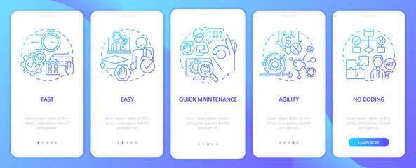 Advantages of no code blue gradient onboarding mobile app screen. Web 3 0 walkthrough 5 steps graphic instructions pages with linear concepts. UI, UX, GUI template. Myriad Pro-Bold, Regular fonts used