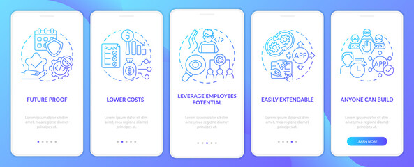 Benefits of no code blue gradient onboarding mobile app screen. Web 3 0 walkthrough 5 steps graphic instructions pages with linear concepts. UI, UX, GUI template. Myriad Pro-Bold, Regular fonts used